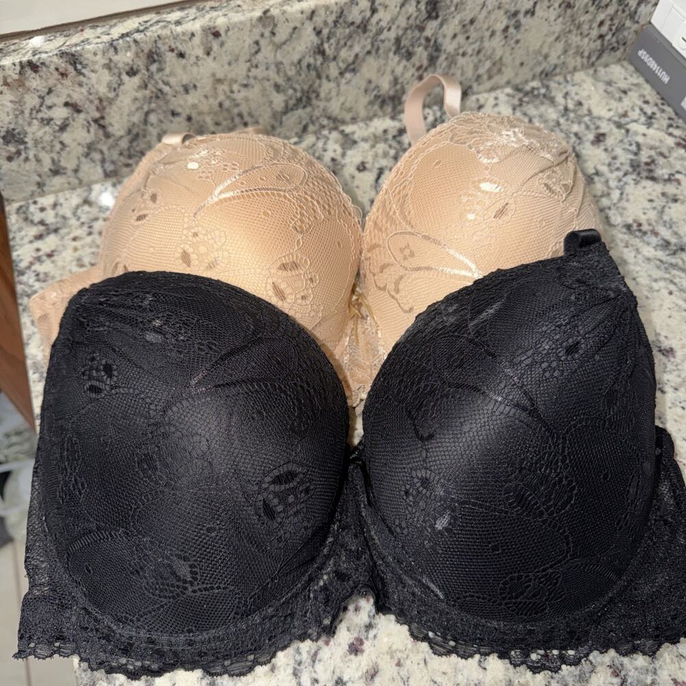 Lot Of 2 Rene Rofe Lace Trimmed Push Up Bra 40D Black Nude Lacie Lacey EUC Nice